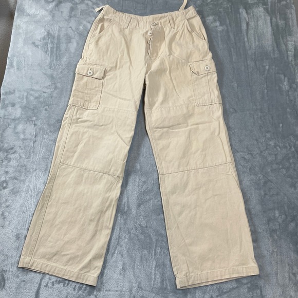 HUF Pants - HUF Womens Pants Size Small Tan Khaki Herringbone Wide Leg Cargo Adjustable